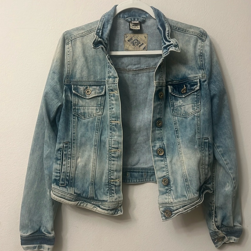 Bershka Blue Cropped Jean Jacket with Distressed Finish Y2K 314 denim